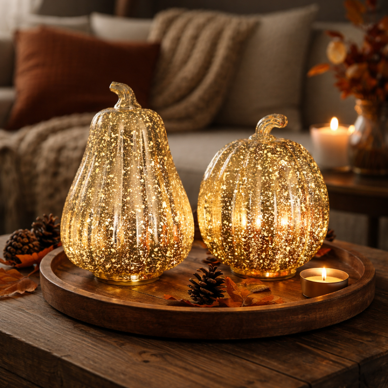 Gold LED Light Up Pumpkin & Squash Autumn Decoration Set