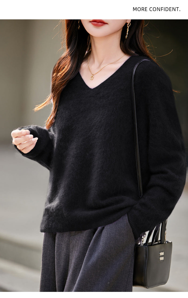 V-neck Cashmere Knit Women's Loose-fit Sweater