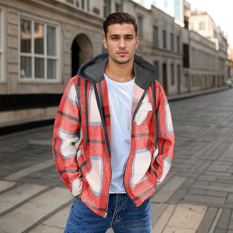 Men's Flannel Jacket Zipper Hooded Jacket