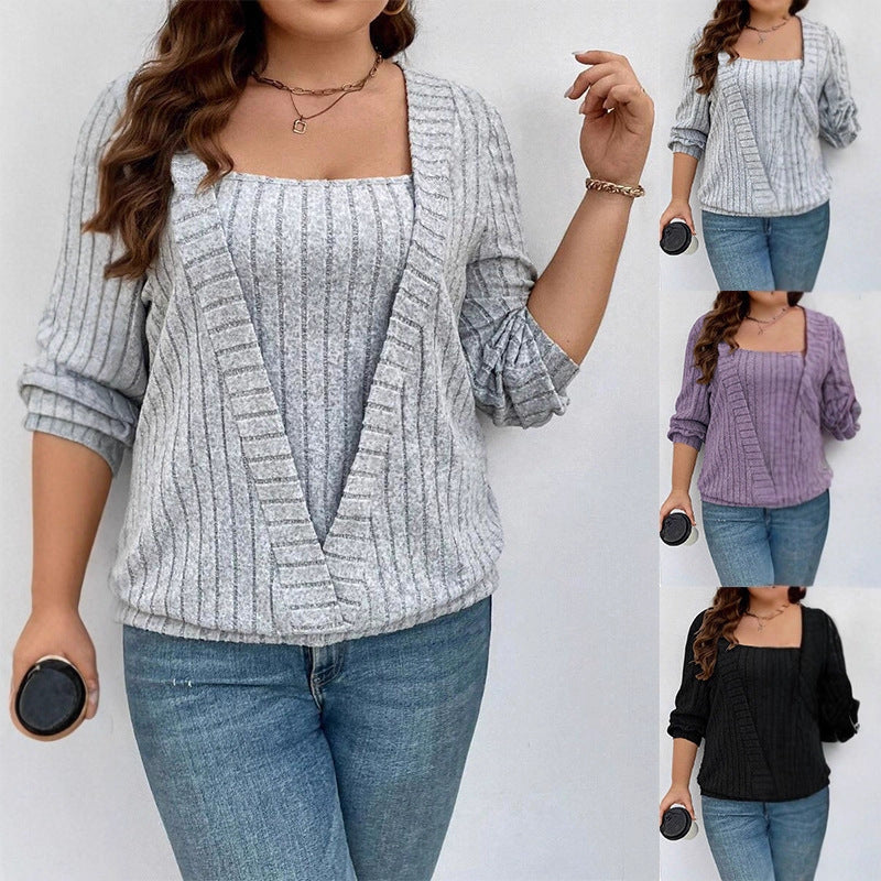 Solid Color Rib Fabric V-neck Long Sleeve False Two-piece Suit