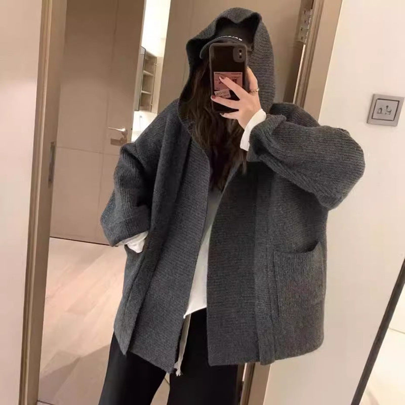 Hooded Pocket Knitted Cardigan Plus Size Women's Thickened