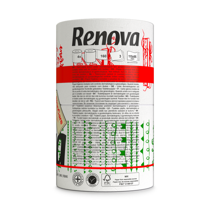 Renova Festive Christmas Toilet Rolls – Soft & Absorbent Holiday Tissue with Unique Illustrations | 4-Pack | 160 Sheets Per Roll