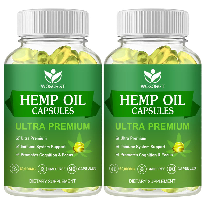 (2Pack) Hemp Oil Capsules – 60,000 Max Strength, Immune Support, Focus & Calm, Relaxation, Mood, Rich in Omega 3-6-9, 90 Capsules