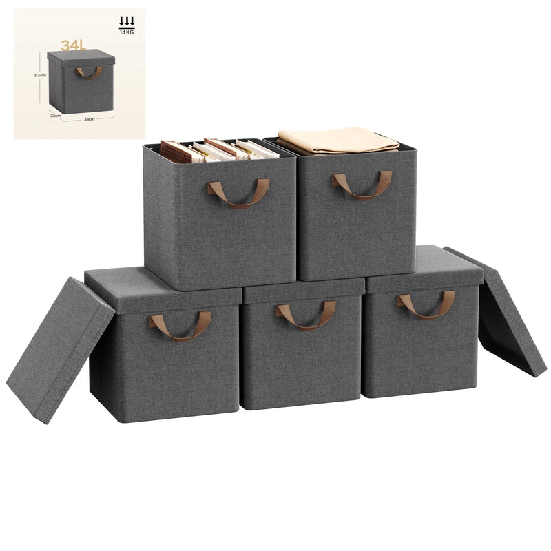 3/5 Set Foldable Fabric Storage Boxes Lids Closet Clothing Organiser Cream Grey