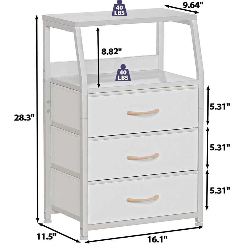 3 Drawer Bedside Table - Modern Storage Unit Slim Dresser with Shelf Nightstand