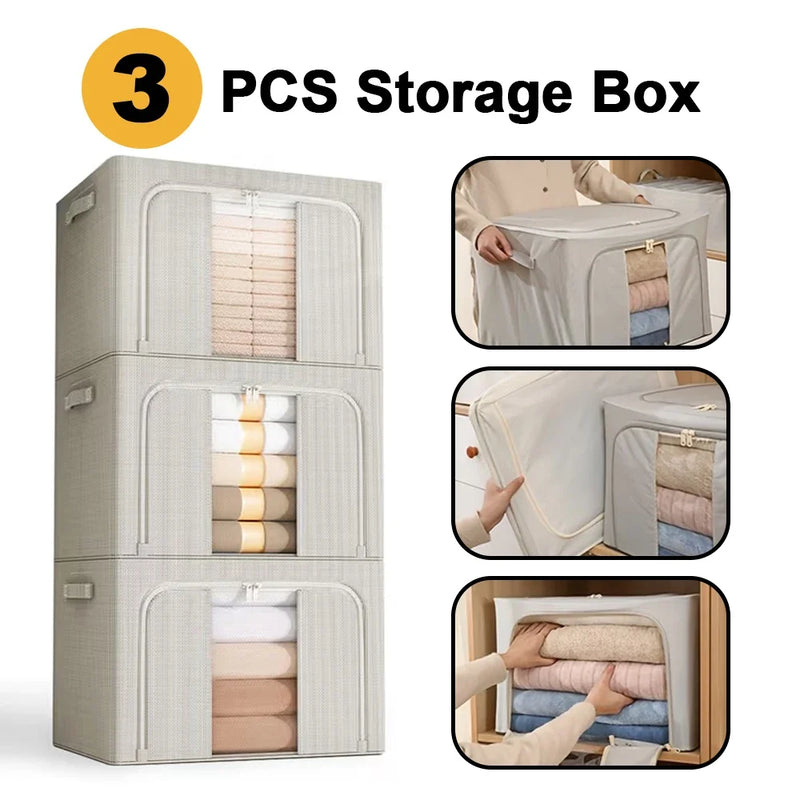 3 Pack 100L Extra Large Capacity Clothes Storage Boxes Foldable Steel Frame Box
