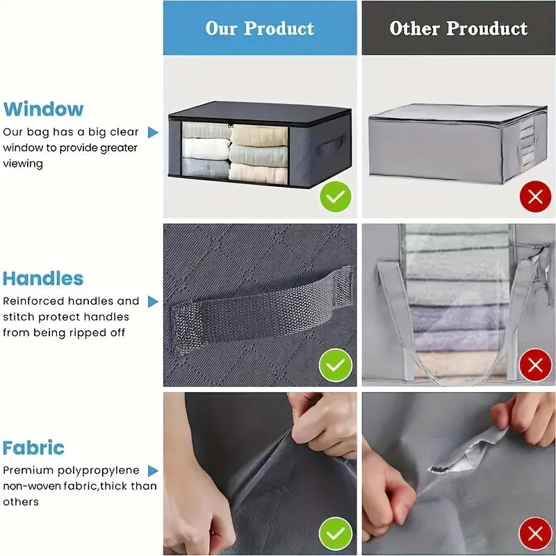 3 Pack Grey Foldable Storage Bags with PVC Window Clothes Blanket Organiser Box