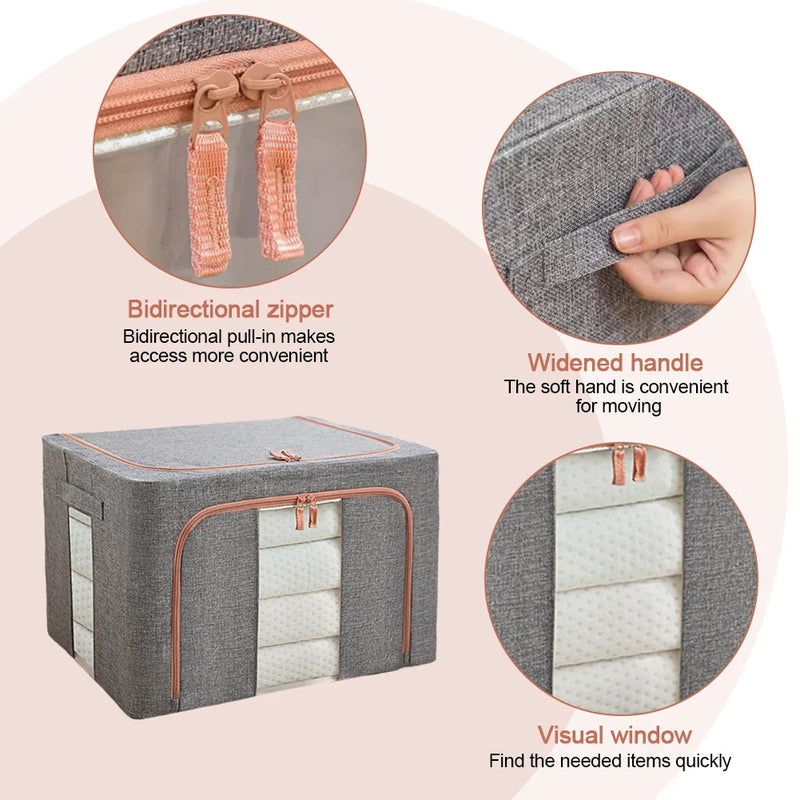 3 Pack Clothes Storage Box Clear Windows – Linen Fabric Boxes Metal Frame Handles
