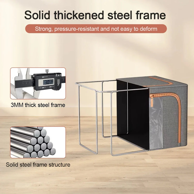 3 Pack Clothes Storage Box Clear Windows – Linen Fabric Boxes Metal Frame Handles