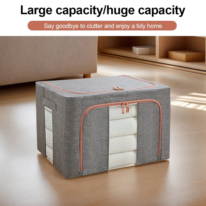 3 Pack Clothes Storage Box Clear Windows – Linen Fabric Boxes Metal Frame Handles