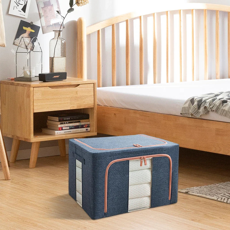 3 Pack Clothes Storage Box Clear Windows – Linen Fabric Boxes Metal Frame Handles