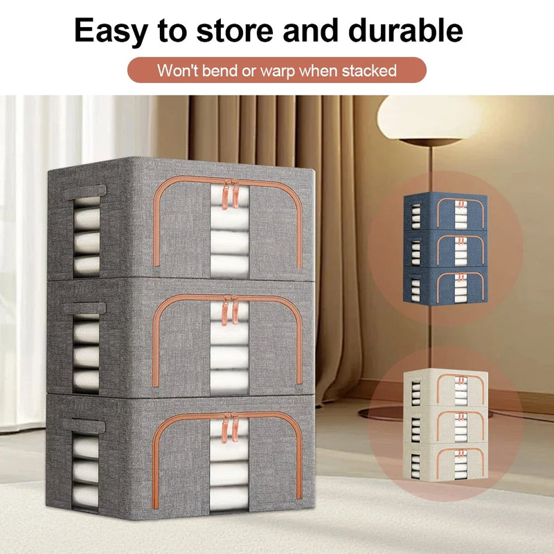 3 Pack Clothes Storage Box Clear Windows – Linen Fabric Boxes Metal Frame Handles