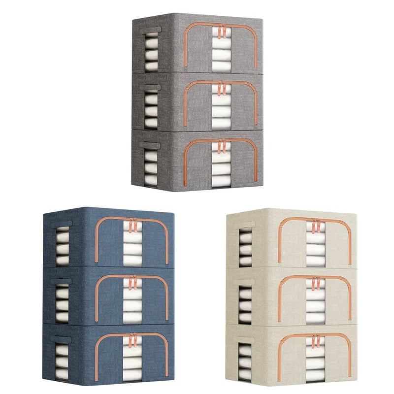 3 Pack Clothes Storage Box Clear Windows – Linen Fabric Boxes Metal Frame Handles