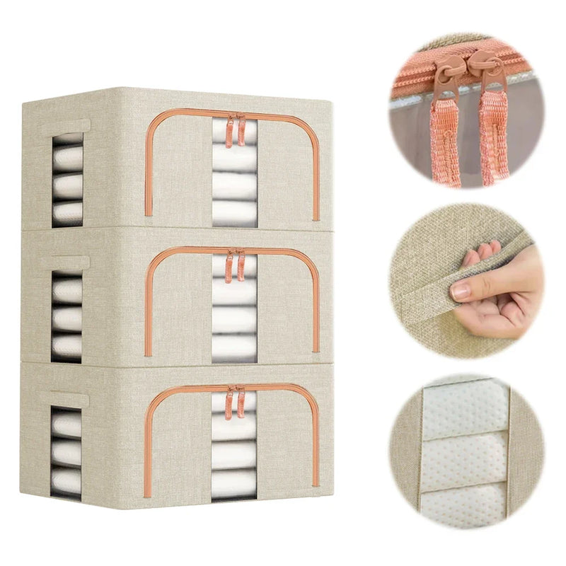 3 Pack Clothes Storage Box Clear Windows – Linen Fabric Boxes Metal Frame Handles