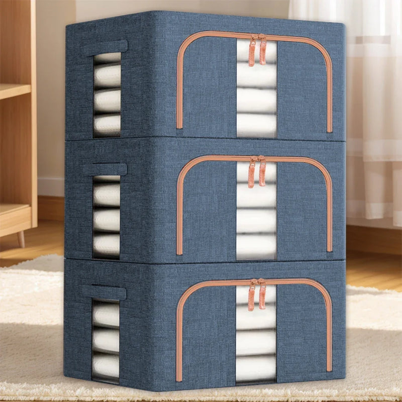 3 Pack Clothes Storage Box Clear Windows – Linen Fabric Boxes Metal Frame Handles