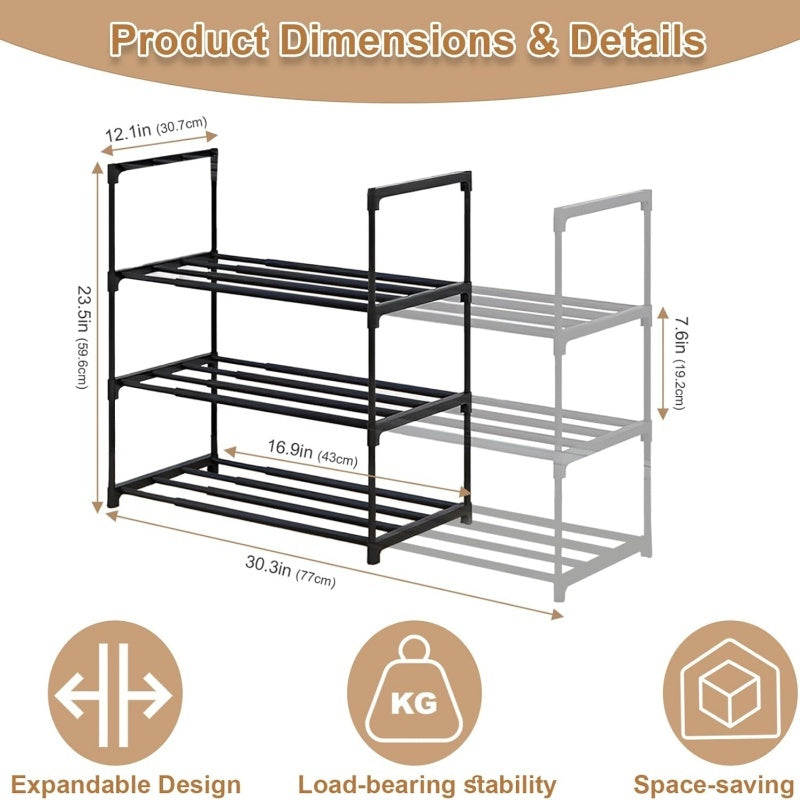 3 Tier Extendable Metal Shoe Rack Black Space Saving Organiser Shoes Storage