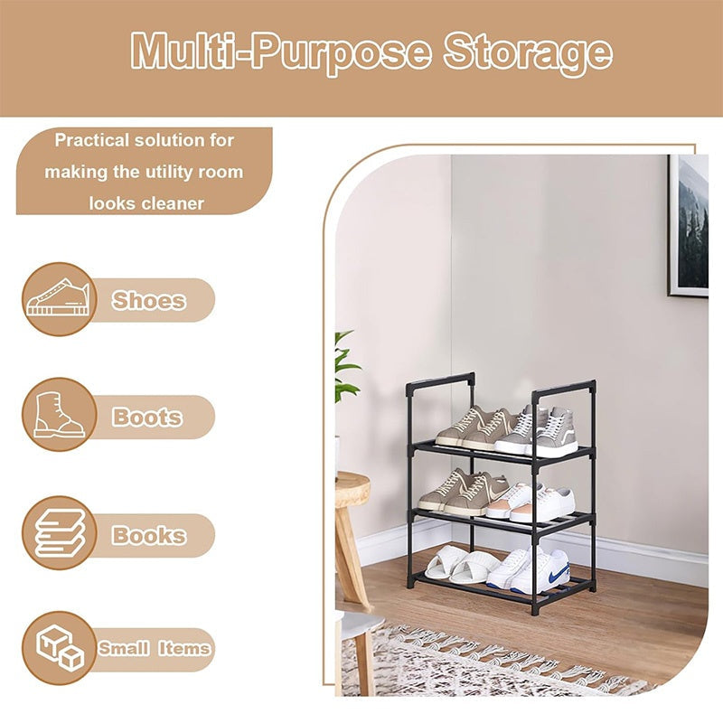 3 Tier Extendable Metal Shoe Rack Black Space Saving Organiser Shoes Storage