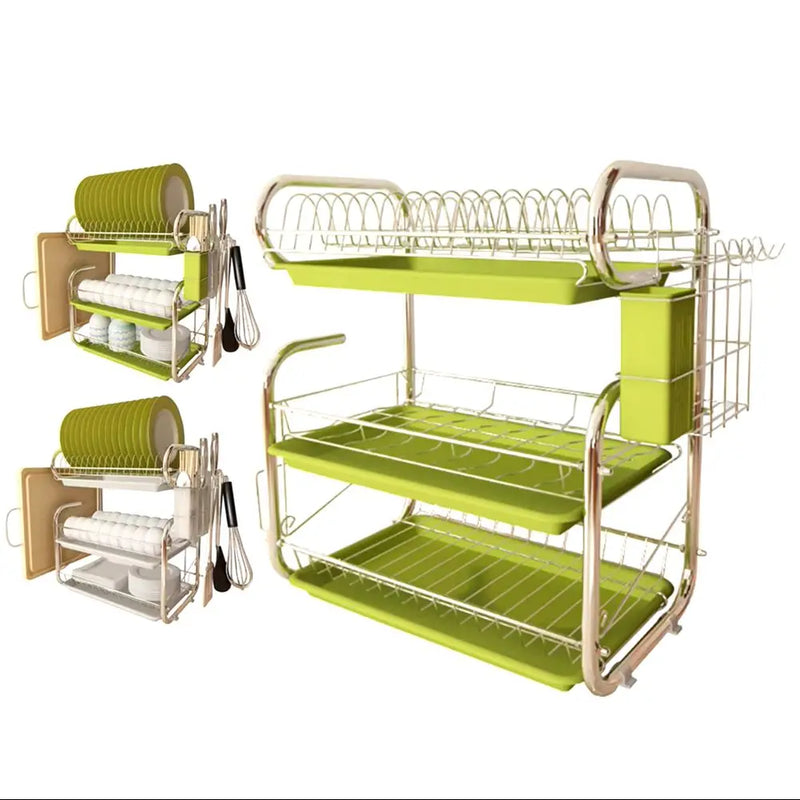 3 Tier Kitchen Chrome Dish Drying Rack with Drip Tray & Utensil Holder Home Dry