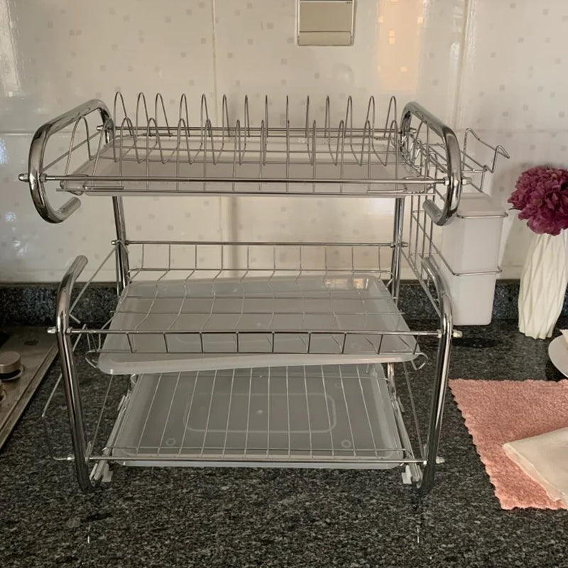 3 Tier Kitchen Chrome Dish Drying Rack with Drip Tray & Utensil Holder Home Dry