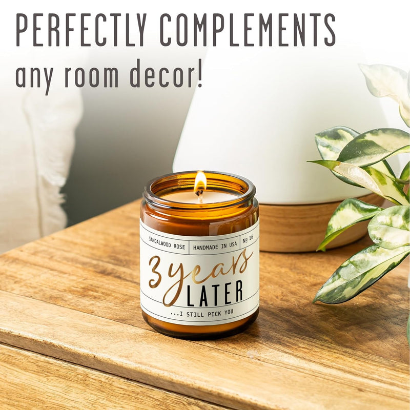 3 Year Anniversary Gift for Her – 3 Years Later Candle, Sandalwood Rose (USA Made)