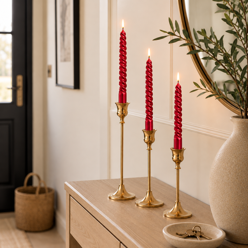 Set of 4 Red Metallic Spiral Taper Candles – 25cm