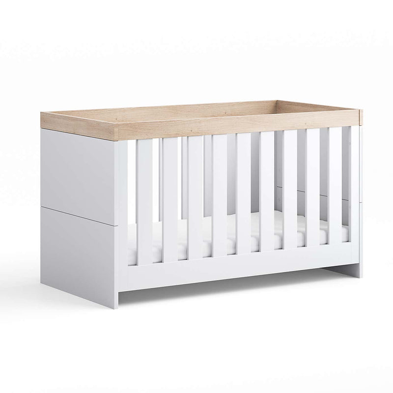 Little Acorns Burlington 3 Piece Nursery Furniture Set with Cot Bed, Dresser and Wardrobe - White & Oak