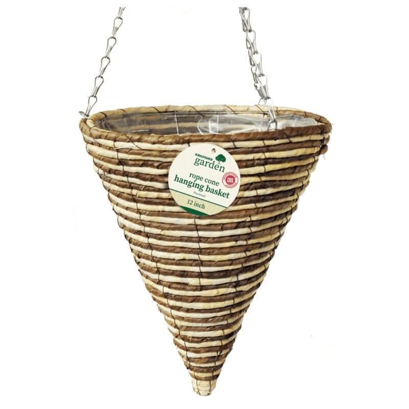 12 Inch Rope Rattan Cone Hanging Basket with Liner and Chain