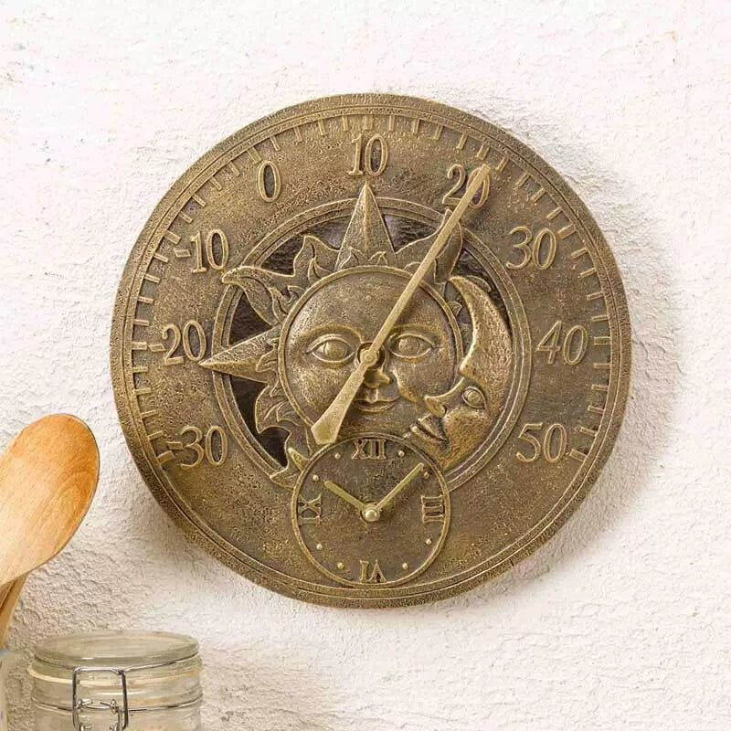 12 Inch Sun and Moon Wall Clock with Outdoor Thermometer 30cm