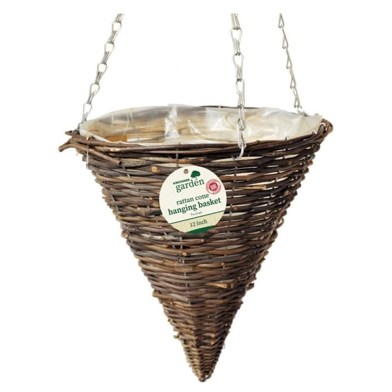 12 Inch Dark Rattan Cone Hanging Basket with Liner and Chain