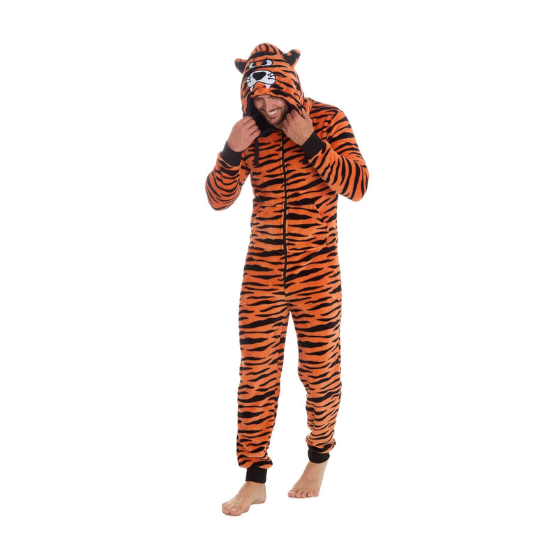 Hooded Tiger Mens Onesie | Fun All-in-One Gorilla and Dino Print Jumpsuit