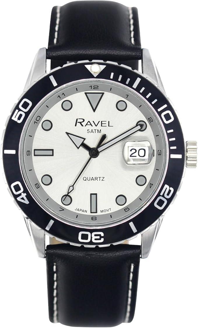 Ravel Mens Fashion Sports 42mm Round 5ATM Dated Dial Rotating Uni-Directional Bezel Black Leather Strap Watch RPD-M