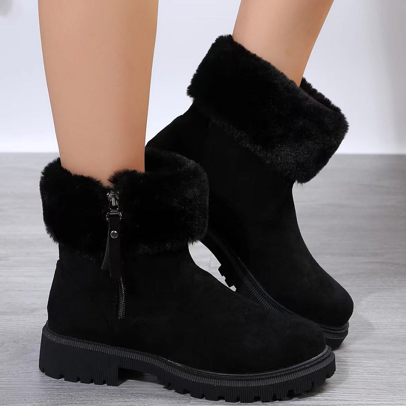 Women's Warm Plush Winter Snow Boots Side-Zip Suede Low Heel Ankle Fur Boots