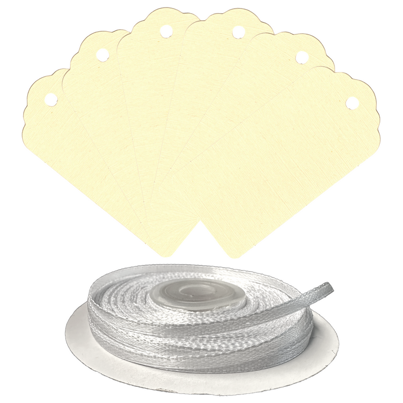 100 Rectangle Scalloped Gift Tags with White Satin Ribbon - 21 Colours Christmas