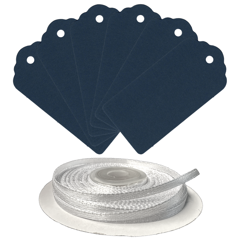 100 Rectangle Scalloped Gift Tags with White Satin Ribbon - 21 Colours Christmas