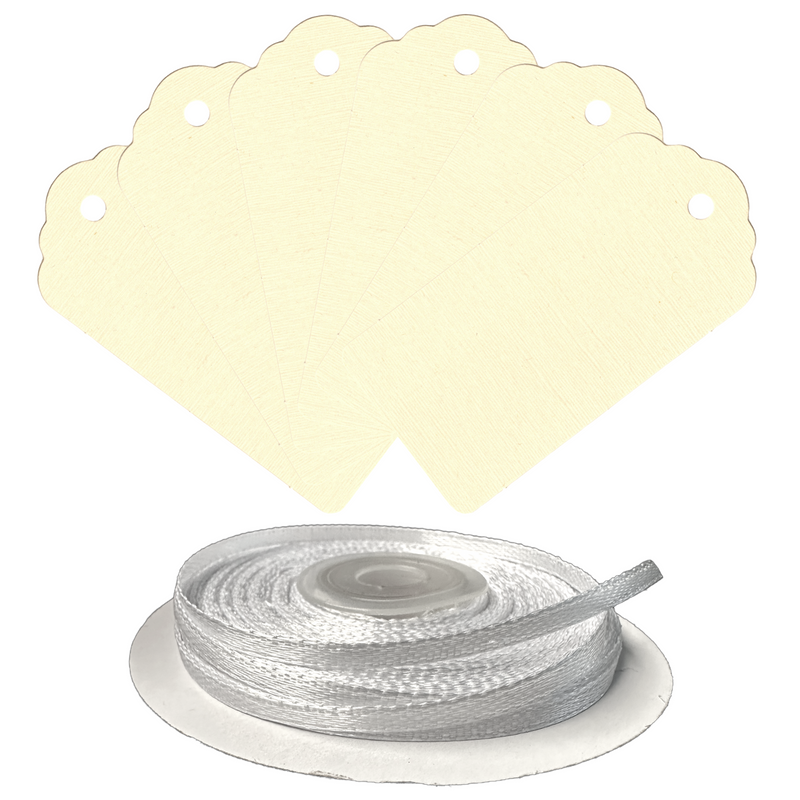 100 Rectangle Scalloped Gift Tags with White Satin Ribbon - 21 Colours Christmas