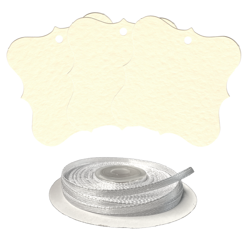 100 Designer Gift Tags with White Satin Ribbon -  21 Colours, Birthday Xmas