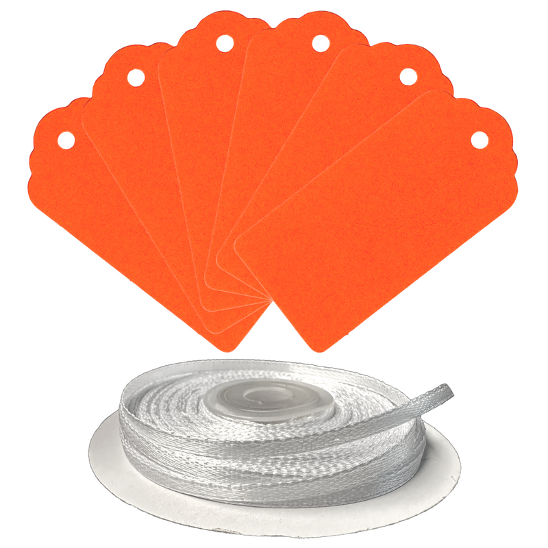 100 Rectangle Scalloped Gift Tags with White Satin Ribbon - 21 Colours Christmas