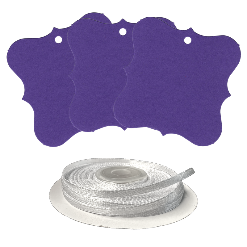 100 Designer Gift Tags with White Satin Ribbon -  21 Colours, Birthday Xmas