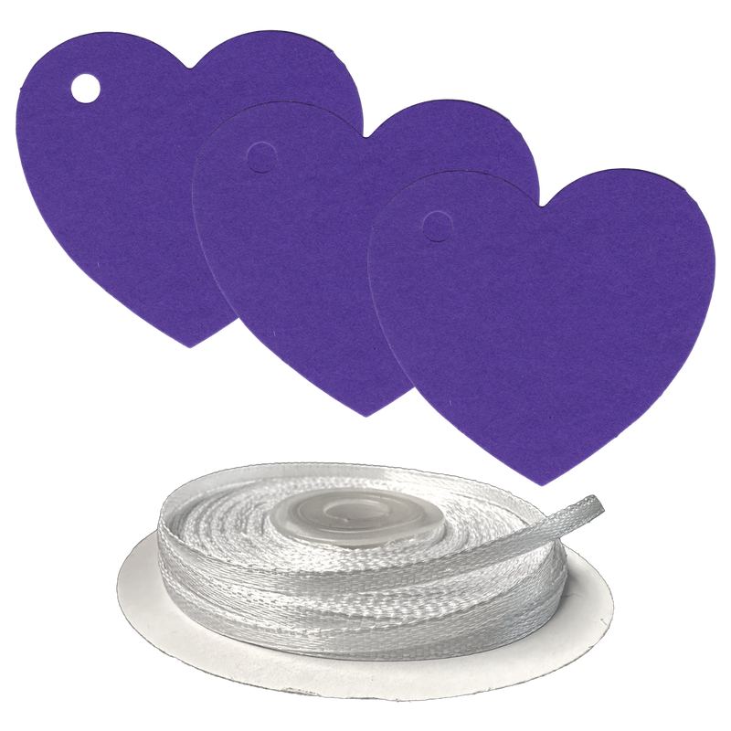 100 Heart Shaped Gift Tags with White Satin Ribbon -  21 Colours, Birthday Xmas