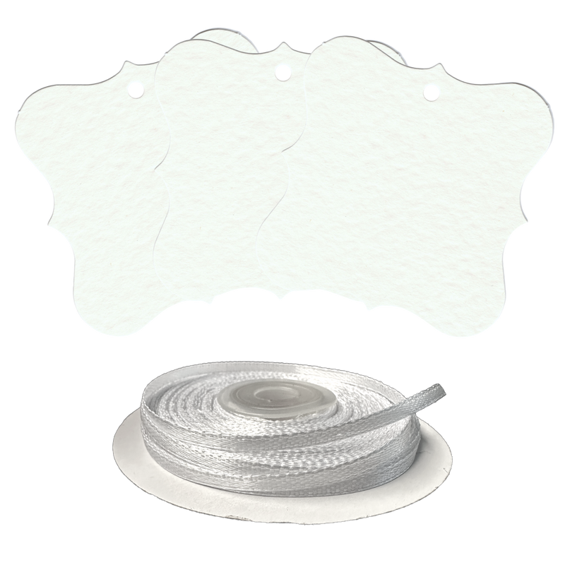 100 Designer Gift Tags with White Satin Ribbon -  21 Colours, Birthday Xmas
