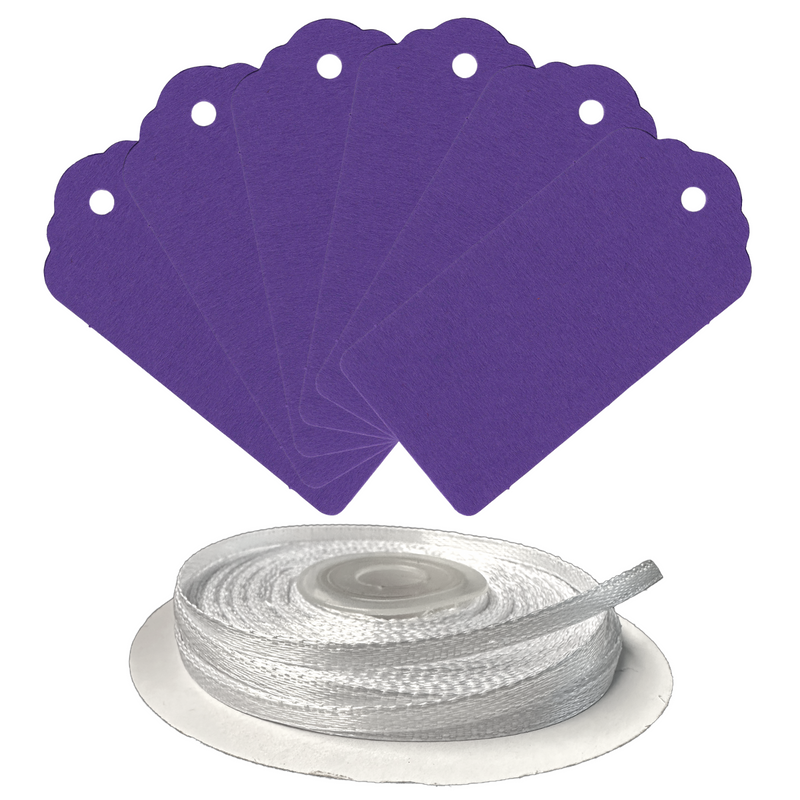 100 Rectangle Scalloped Gift Tags with White Satin Ribbon - 21 Colours Christmas