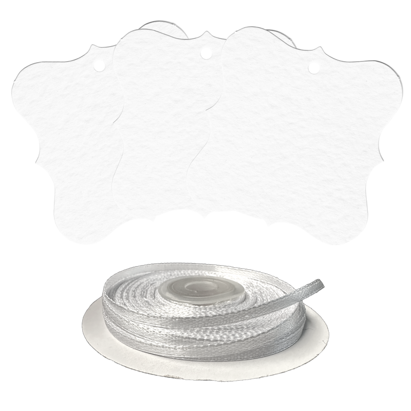 100 Designer Gift Tags with White Satin Ribbon -  21 Colours, Birthday Xmas