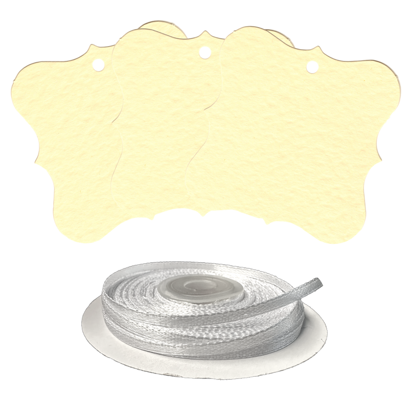 100 Designer Gift Tags with White Satin Ribbon -  21 Colours, Birthday Xmas