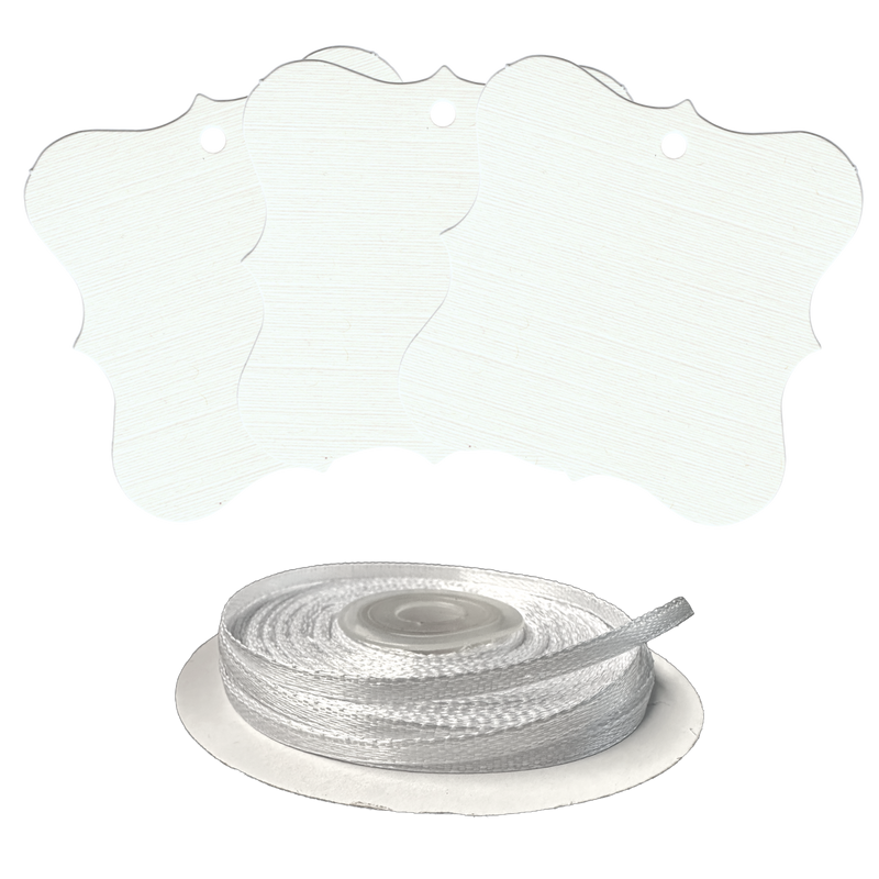 100 Designer Gift Tags with White Satin Ribbon -  21 Colours, Birthday Xmas