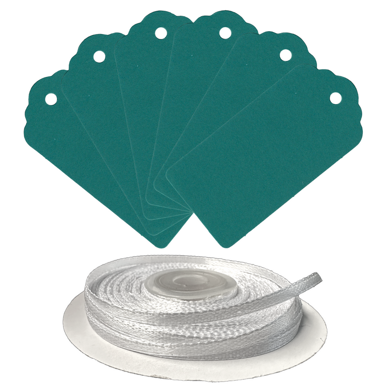 100 Rectangle Scalloped Gift Tags with White Satin Ribbon - 21 Colours Christmas
