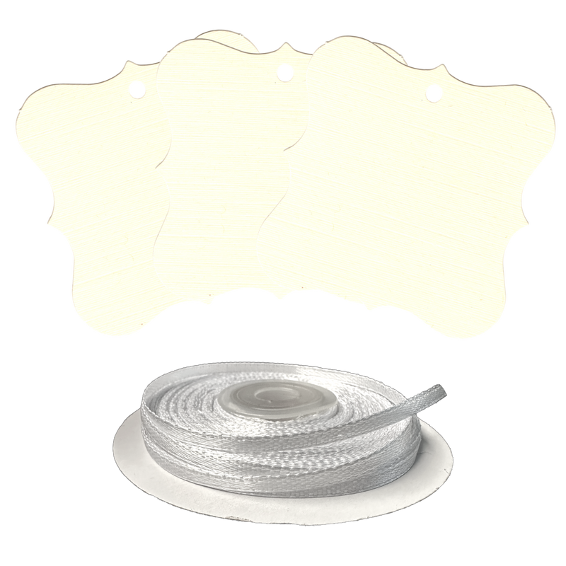 100 Designer Gift Tags with White Satin Ribbon -  21 Colours, Birthday Xmas