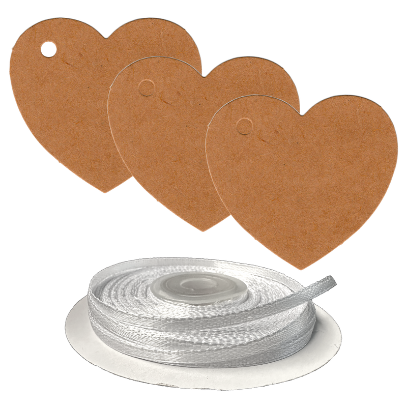 100 Heart Shaped Gift Tags with White Satin Ribbon -  21 Colours, Birthday Xmas