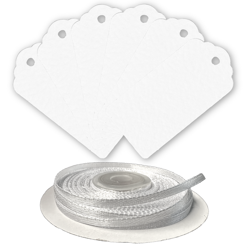 100 Rectangle Scalloped Gift Tags with White Satin Ribbon - 21 Colours Christmas