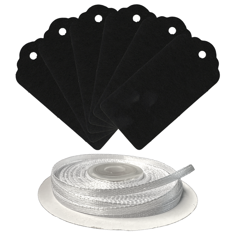 100 Rectangle Scalloped Gift Tags with White Satin Ribbon - 21 Colours Christmas