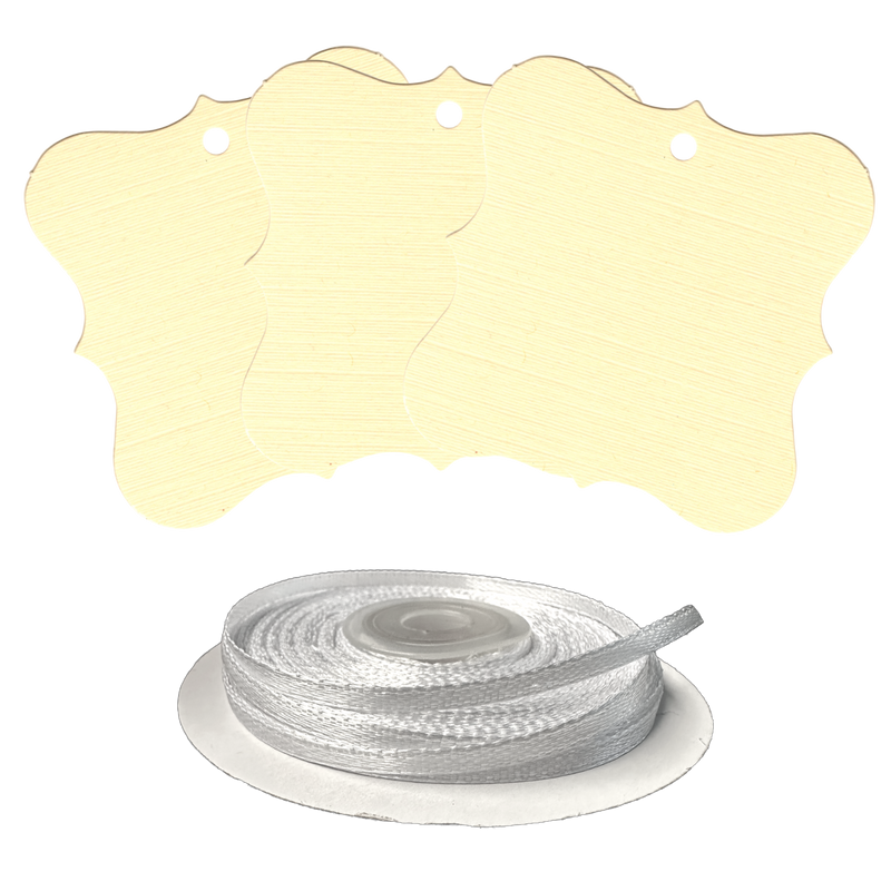 100 Designer Gift Tags with White Satin Ribbon -  21 Colours, Birthday Xmas